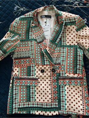 ZARA NWTs Cream, Teal & Orange Patterned Double-Breasted Blazer